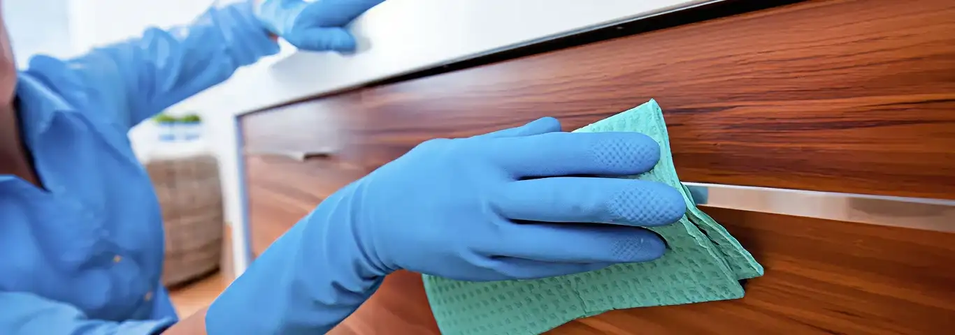 Cleaner wearing blue gloves wiping a wooden cabinet drawer with a microfiber cloth for dust and grime removal, New Haven, CT.