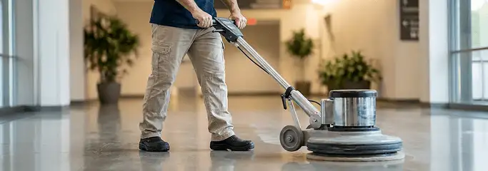 Professional technician using an industrial floor buffer to polish and maintain shiny commercial flooring in a corporate hallway in New Haven, CT.