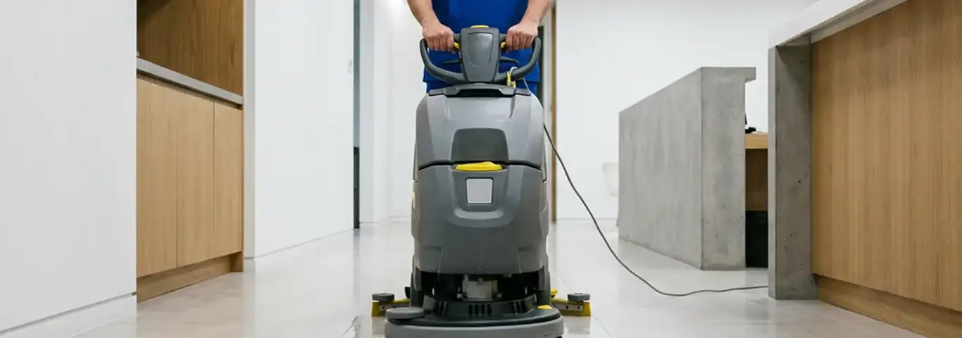 Janitorial staff using a floor scrubber machine to clean a commercial hallway, New Haven, CT.