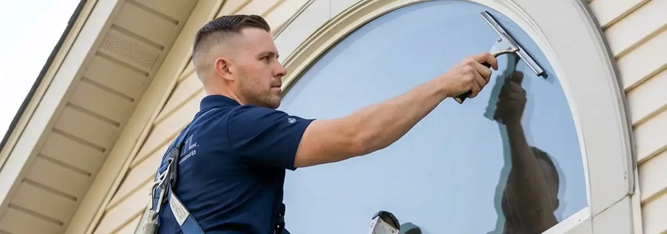 Professional window cleaner using a squeegee to clean an exterior arched window on a home, New Haven, CT.
