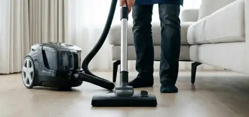 Professional house cleaner vacuuming a living room floor with a canister vacuum cleaner, New Haven, CT.