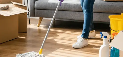 Move-out cleaning setup with a cleaner mopping hardwood floors near moving boxes and cleaning supplies, New Haven, CT.