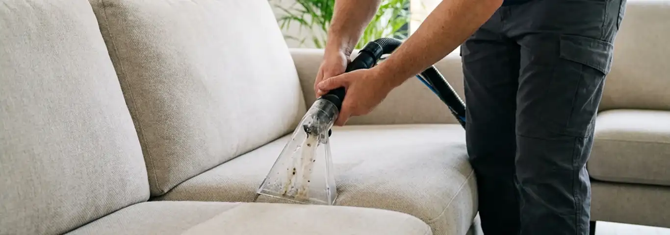 Technician extracting dirt and moisture from a fabric sofa with an upholstery cleaning wand, New Haven, CT.