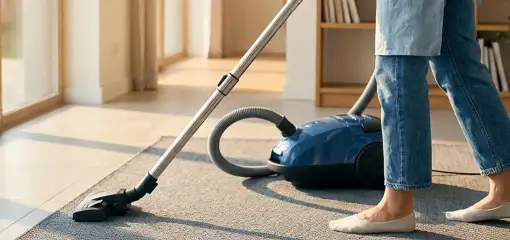 Person vacuuming a living room rug with a canister vacuum cleaner near large windows, New Haven, CT.
